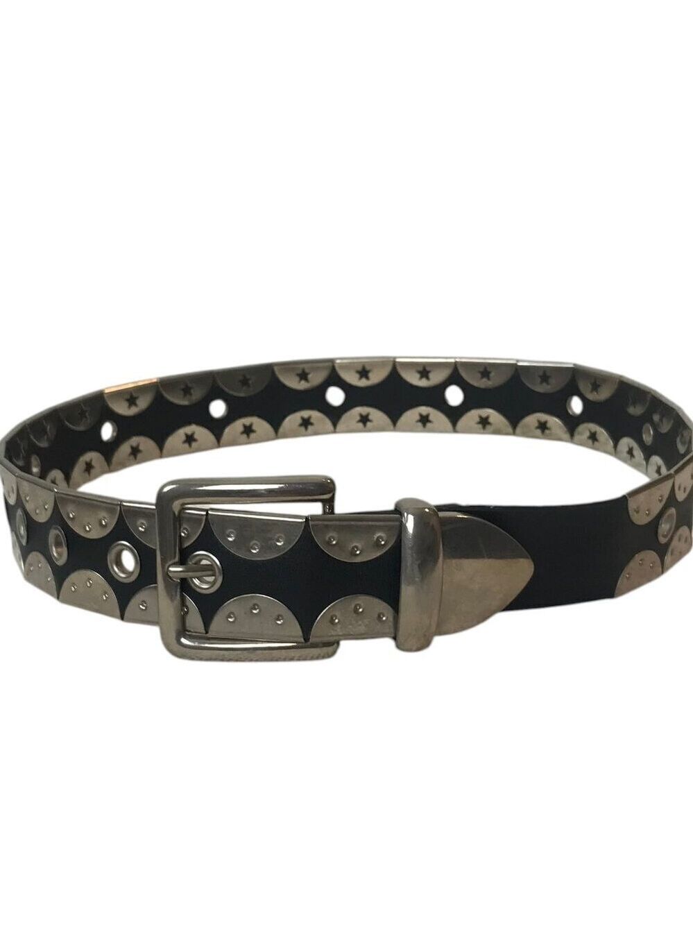 Black Leather Belt With Silver Coloured Flat Studs Statement Piece Size S